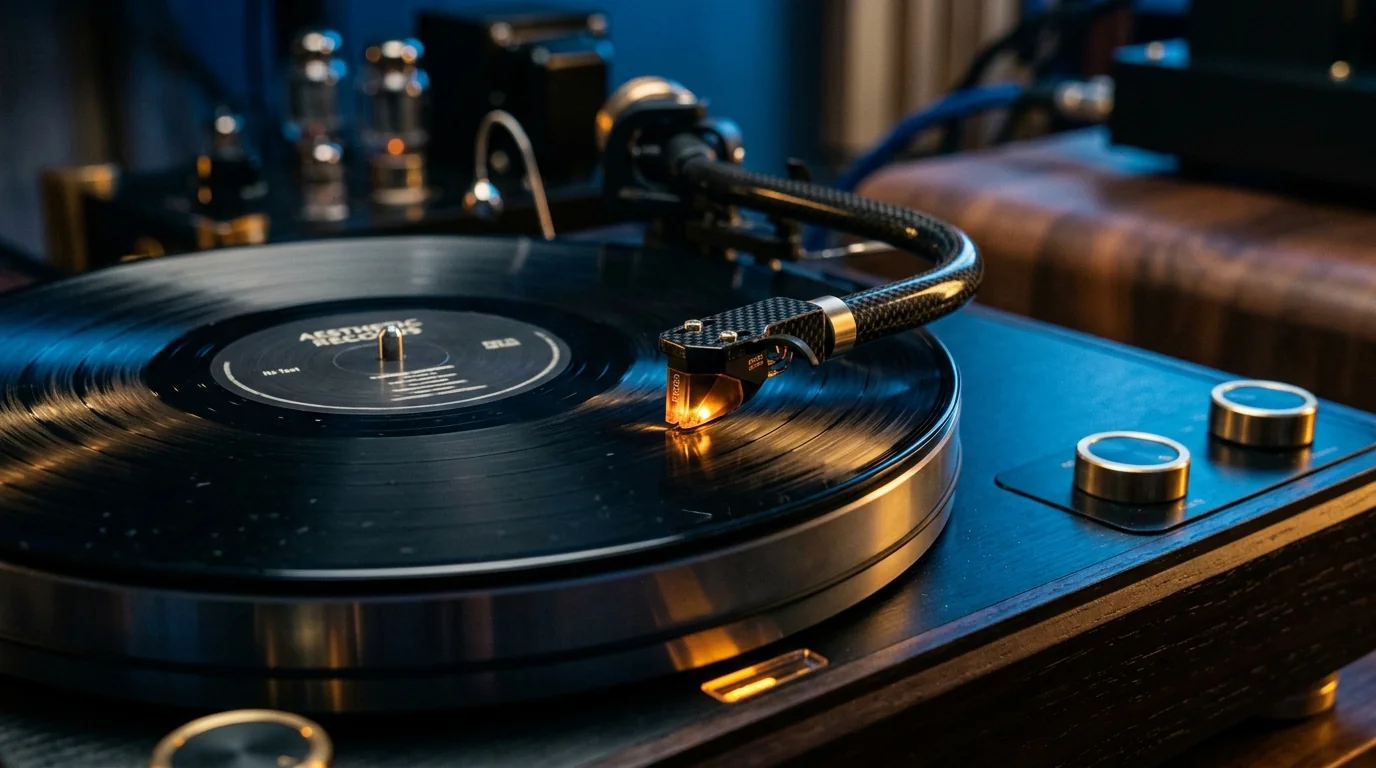Audiophile turntable spinning vinyl record with precision stylus