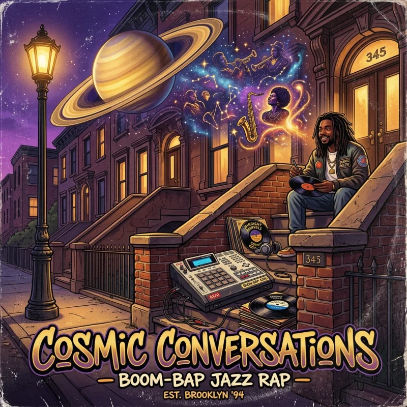 Delta Cypher - Golden hour brownstone porch overlooking cosmic planetary rings