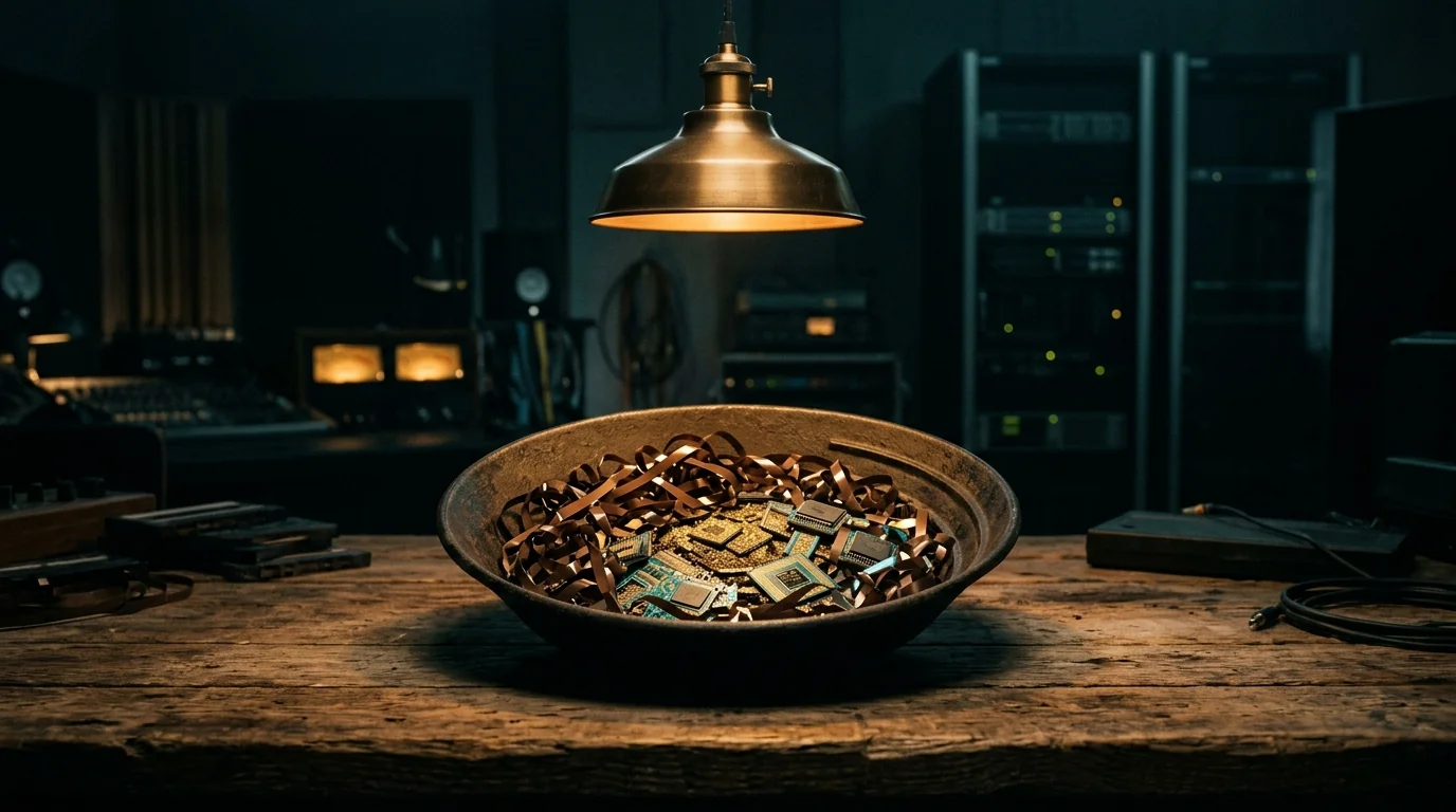 Antique prospector iron pan filled with tangled audio cassette tapes, glowing microchips and gold dust in a nocturnal studio