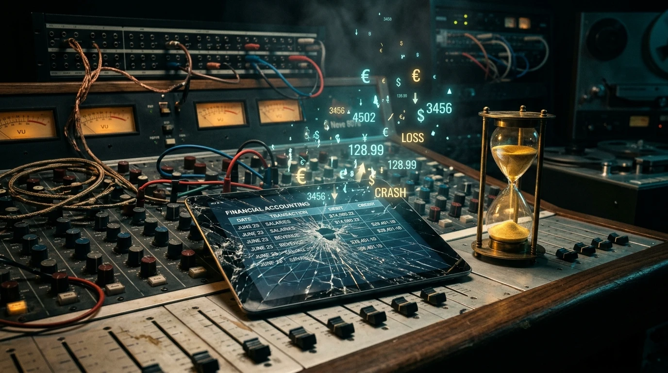 Shattered digital accounting ledger and glowing brass hourglass sitting on an analog mixing console in a dark nocturnal mastering studio