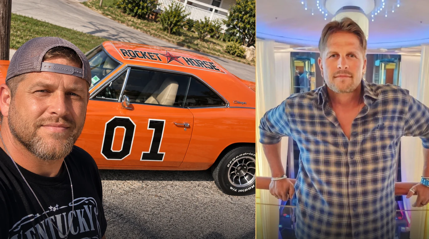 Brian Myk (Rocket Horse) with the orange Rocket Horse car and studio portrait