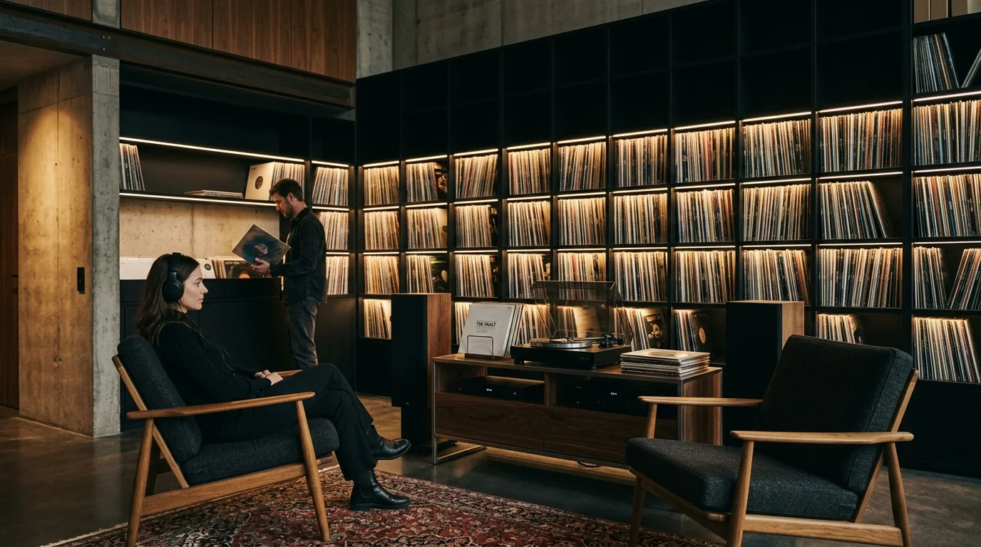 Nordic illuminated vinyl record archive and listening lounge