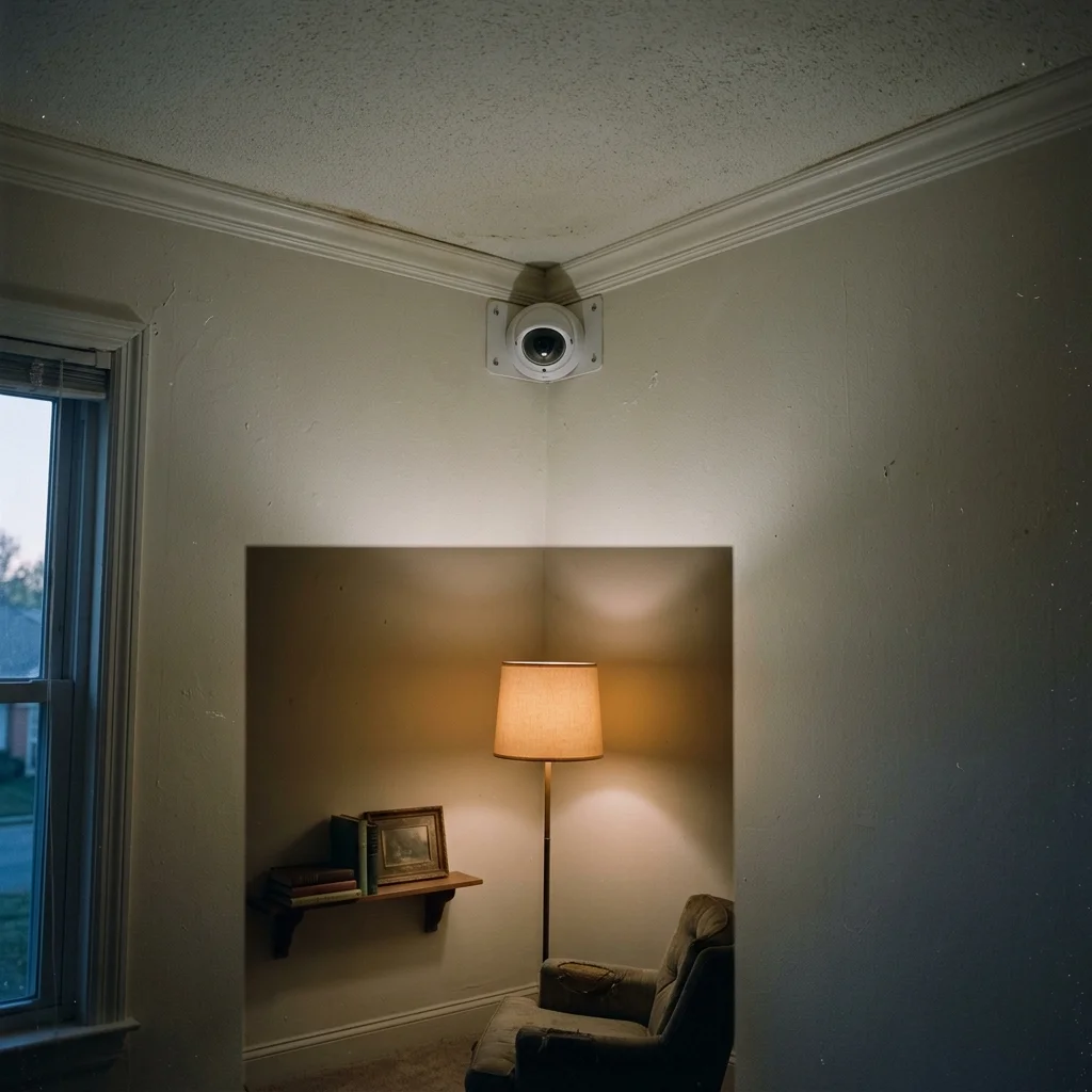 Ceiling camera in quiet living room at dusk
