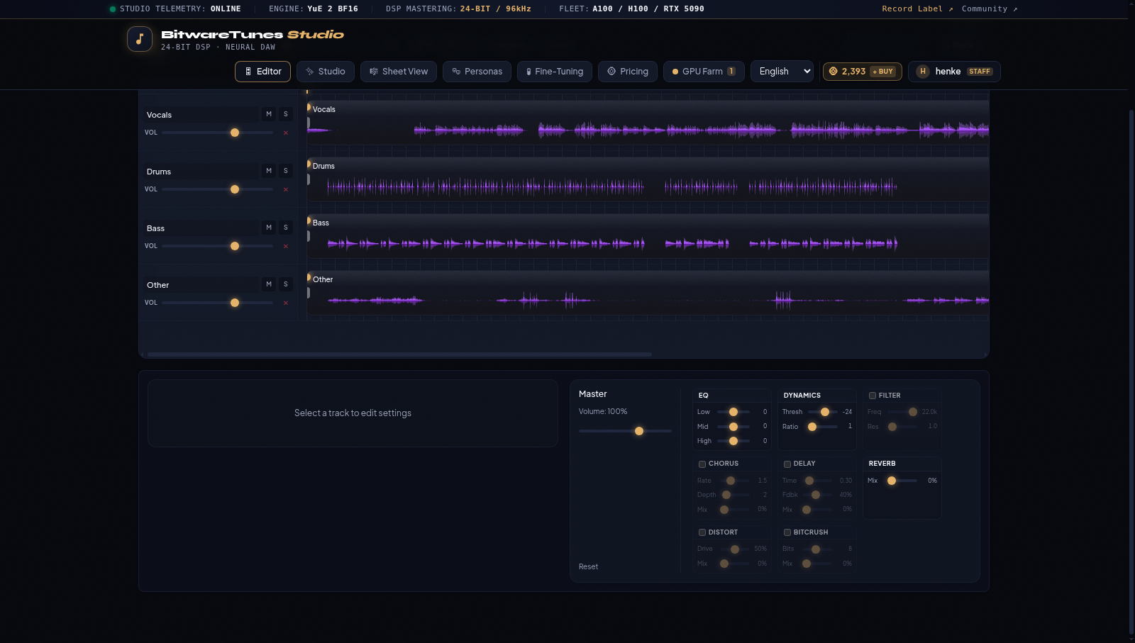 BitwareTunes Studio multitrack DAW showing Demucs 4-stem separation with dedicated Vocals, Drums, Bass, and Other tracks, with the Master DSP effects rack active