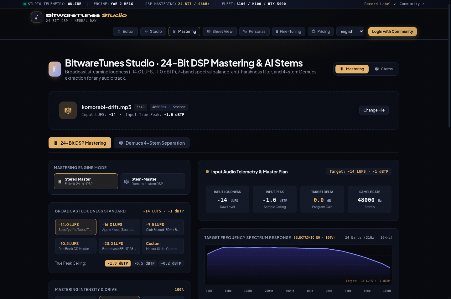 BitwareTunes Studio 24-Bit DSP Mastering suite loaded with session track, broadcast target presets, and 24-band target frequency spectrum