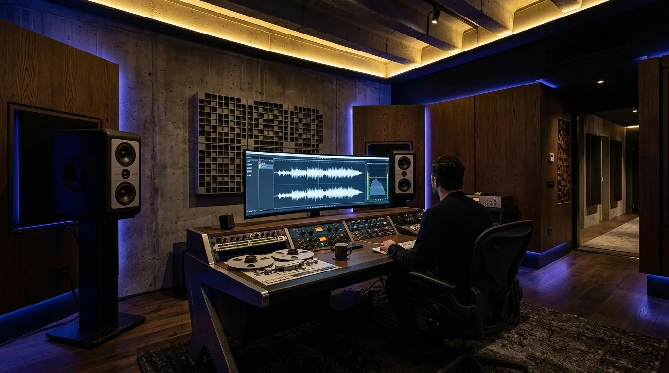 Audiophile mastering workstation with glowing vacuum tube meters, high-resolution spectral analyzers and discrete analog mastering console