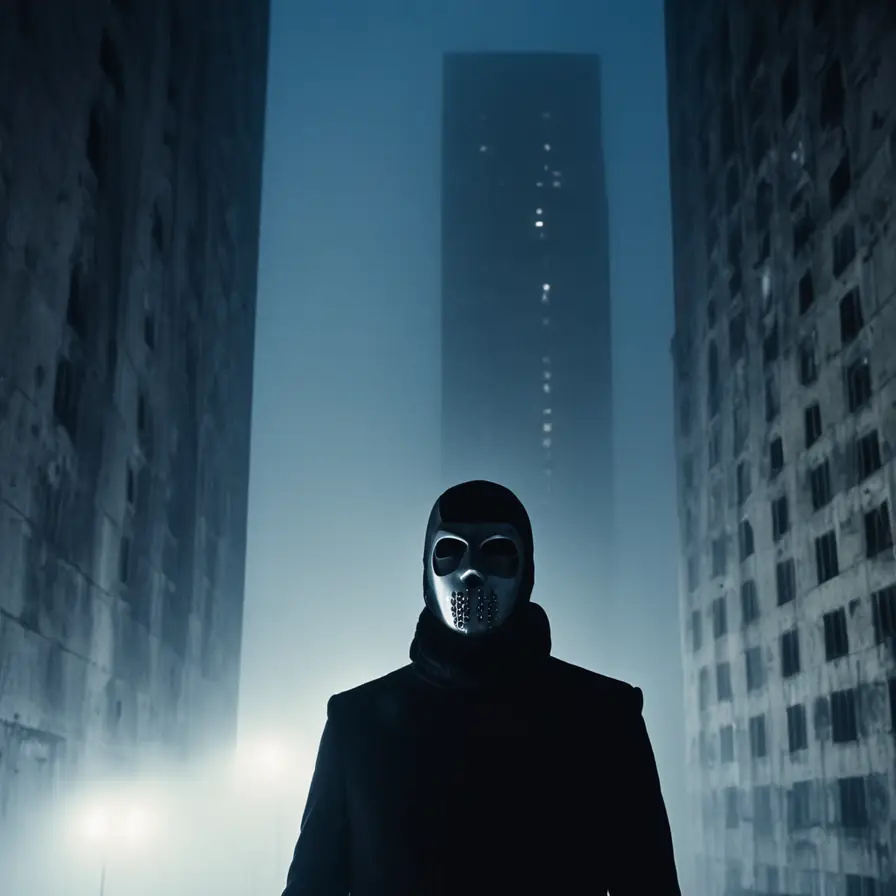 Masked figure in fog between brutalist tower blocks at night